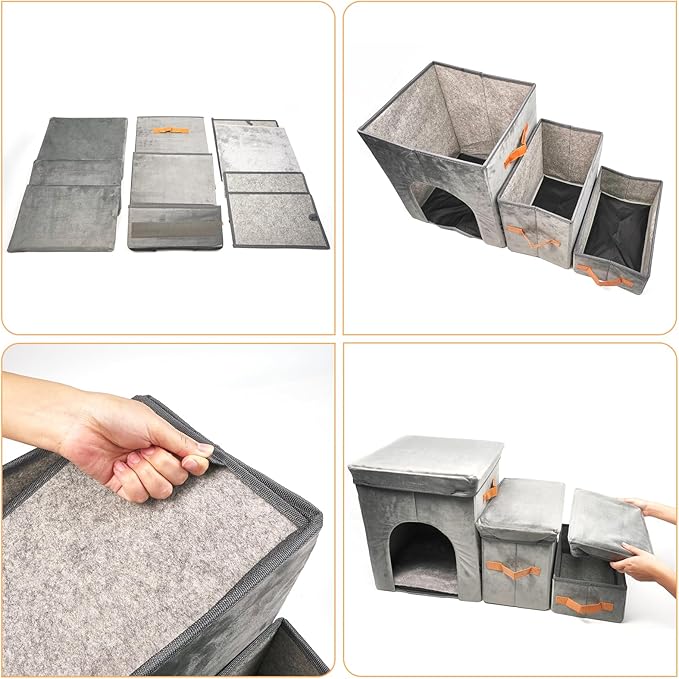 Dayard Dog Stairs with Storage, Foldable Dog Steps for Sofa High Beds, Portable Pet Storage Stepper for Small Pets Dogs Cats, 3 Steps Grey