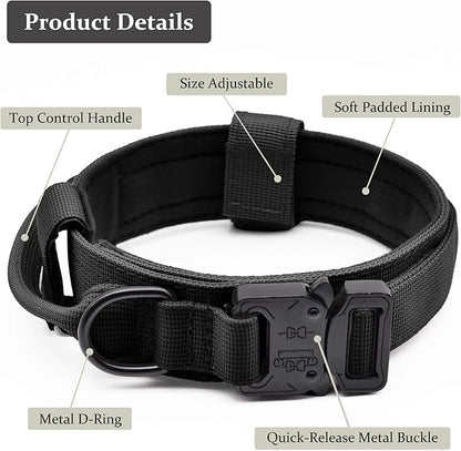 Tactical Dog Collar, Adjustable Military Training Nylon Dog Collar with Control Handle and Heavy Quick-Release Metal Buckle for Small Medium Large Dogs, Black M