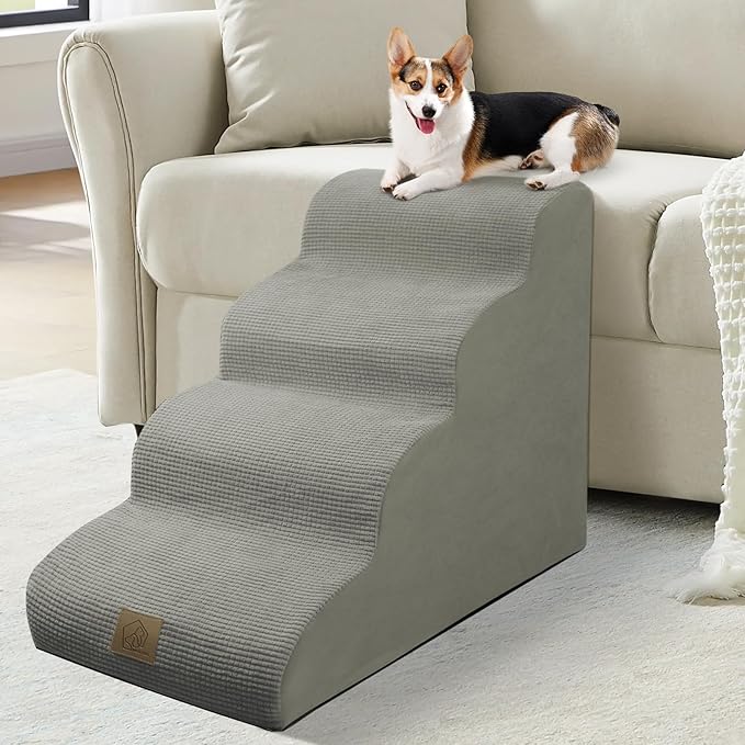 Mestuel Dog Stairs for Small Dogs Cats, Small Pet Stairs Steps, Foam 5-Tier Pet Stairs Steps for Couch Sofa, Dog Ramp Ladder Indoor with Nonslip Bottom &Washable Cover, Beige