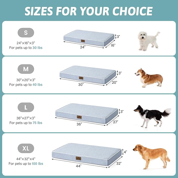 Large Orthopedic Dog Bed, Cooling Dog Beds for Large Dogs, Washable Pet Bed with Waterproof Liner, 44x32x4in,Light Blue