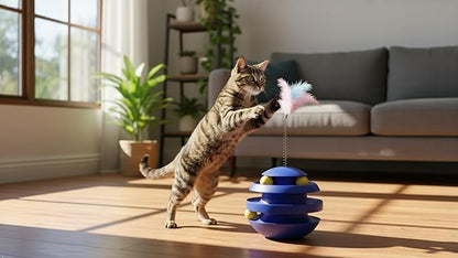 Interactive Cat Toy for Indoor Cats, 3-Layer Ball Track with Tumbler Base & Feather, Self-Play Kitten Toy to Reduce Boredom & Anxiety, Durable Interactive Pet Toy for Kittens and Adult Cats(Blue)