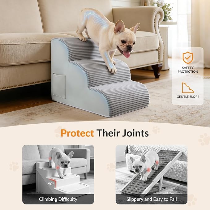 Dog Stairs for Couch and Chair,15.7" H 3-Step Pet Steps for Small Dogs and Cats, Non-Slip Sturdy Dog Ramp with Anti-Tip Safety Strap and Washable Cover,Balanced Ramp Indoor Pet Stairs
