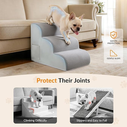 Dog Stairs for Couch and Chair,15.7" H 3-Step Pet Steps for Small Dogs and Cats, Non-Slip Sturdy Dog Ramp with Anti-Tip Safety Strap and Washable Cover,Balanced Ramp Indoor Pet Stairs