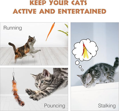 Pawaboo Interactive Cat Toys for Indoor Cats, Cat Wand Toys, Cat Fishing Pole Toy for Kitten Kitty, Cat Feather Teaser Wand Toys (Colorful, Stripes)