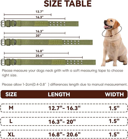 Heavy Duty Dog Collar for Large Dogs, Tactical Dog Collars with Metal Buckle & D Ring, 1.5" Width Thick Adjustable Nylon Collar for Medium Dogs, Army Green/L