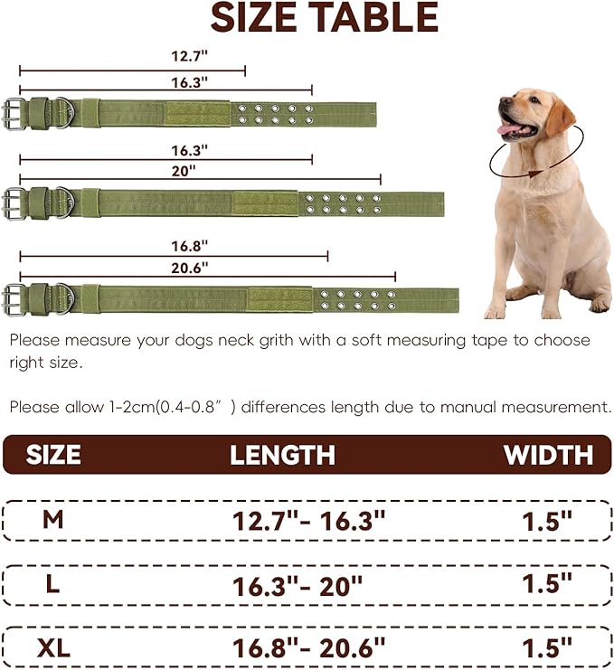Heavy Duty Dog Collar for Large Dogs, Tactical Dog Collars with Metal Buckle & D Ring, 1.5" Width Thick Adjustable Nylon Collar for Medium Dogs, Army Green/XL