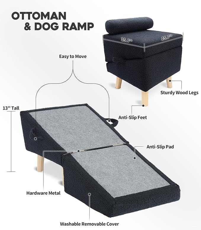 Dog Stairs for Small Dogs and Cats – 2-in-1 Dog Ramp for Couch and Low Bed, 16.5'' Foldable Wooden Pet Ramp, Sturdy Multi-Use Split Ottoman Design, Dark Blue
