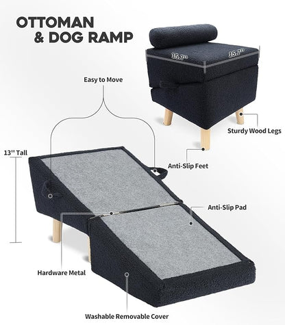 Dog Stairs for Small Dogs and Cats – 2-in-1 Dog Ramp for Couch and Low Bed, 16.5'' Foldable Wooden Pet Ramp, Sturdy Multi-Use Split Ottoman Design, Dark Blue