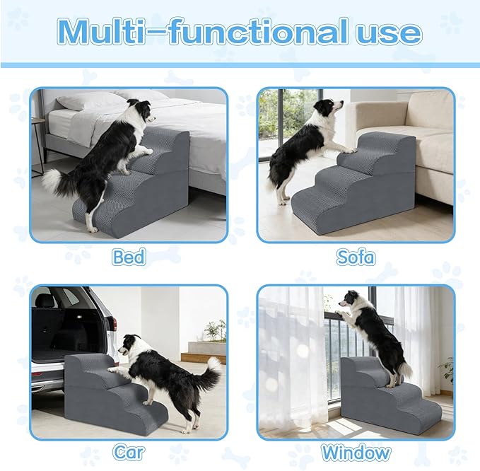 4-Step Dog Stairs, 19.8 Inch High Pet Steps for Small Dogs and Cats, Non-Slip Indoor Pet Ramp, Grey
