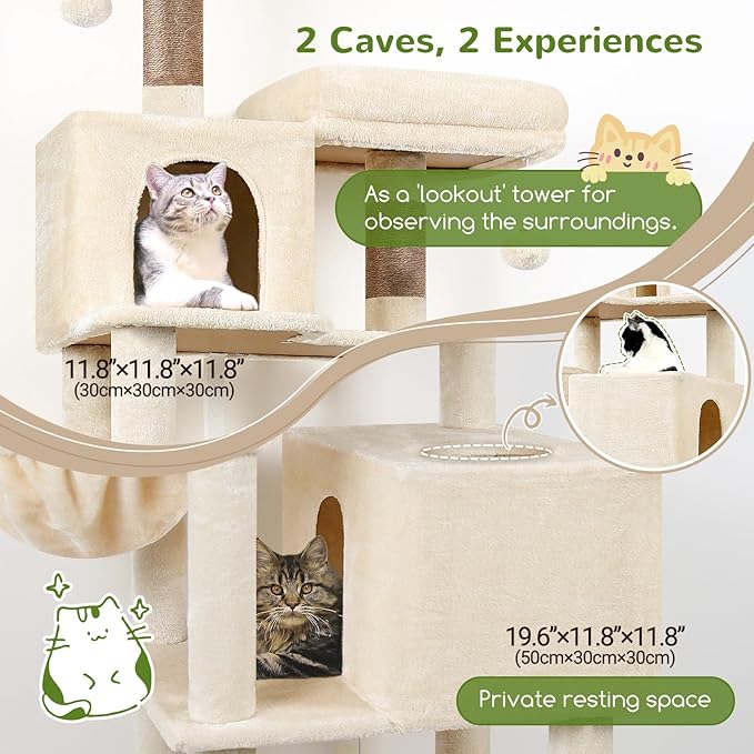 Globlazer Cat Tree Tower, 76-Inch Extra Tall Multi-Level Cat Furniture with Cozy Condos, Hammock and Perches for Adult Cats, Perfect for Climbing, Scratching, and Play, F76, Beige