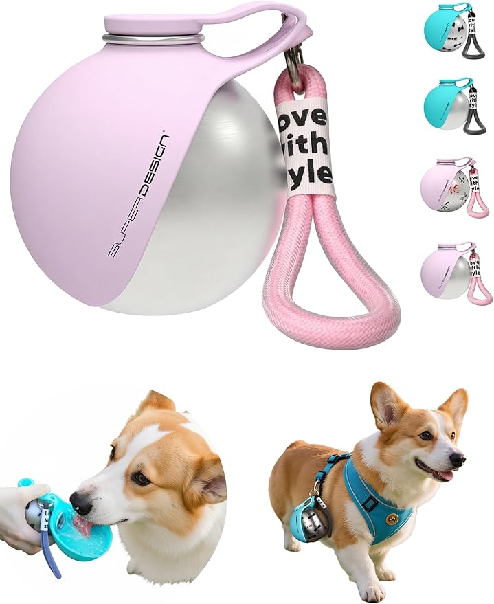 Portable Dog Water Bottle & Bowl for Small Dog: 2-in-1 Leak-Proof & Insulated, Dog Travel Water Dispenser, Round Stainless Steel Bottle with Detachable Bowls - Walking & Hiking (4-red-c)