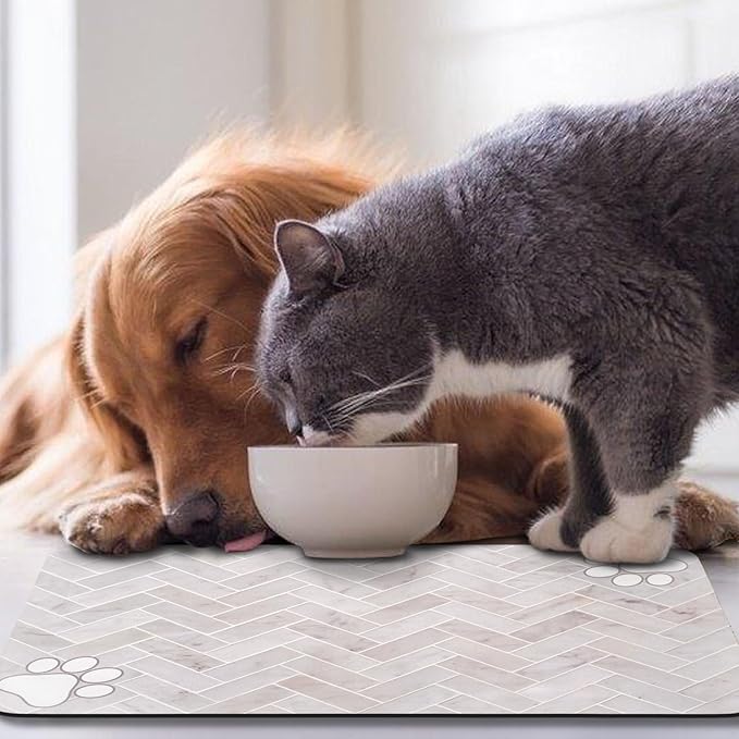 Dog Food Mats,Cat Absorbent Water Bowl Feeding Mats Pet Placemats for Food and Water White Wood Grain 17 * 30 inch