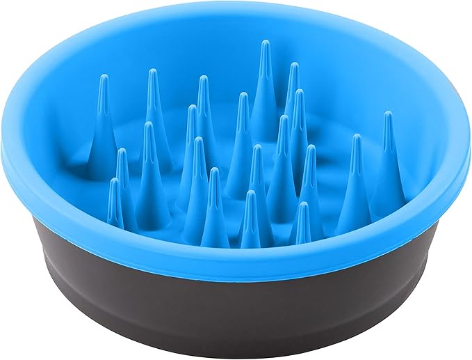 Dexas Slow Feeder Dog Bowl for Healthier Digestion, Teeth and Gums, 6 Cup Capacity, Gray and Blue