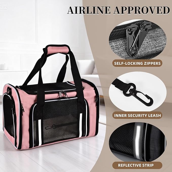 Airline Approved Cat Carrier, Soft Sided Pet Carrier for Small Dogs Cats up to 15lbs, Collapsible Sturdy Cat Travel Carrier, Claw-Resistant Mesh & Self-Locking Zippers (17.7x10.8x11) (Pink)