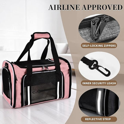 Airline Approved Cat Carrier, Soft Sided Pet Carrier for Small Dogs Cats up to 15lbs, Collapsible Sturdy Cat Travel Carrier, Claw-Resistant Mesh & Self-Locking Zippers (17.7x10.8x11) (Pink)