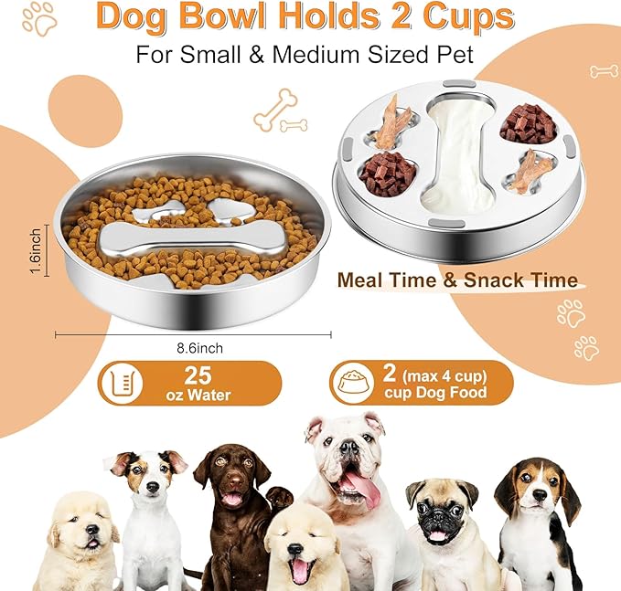 Stainless Steel Slow Feeder Dog Bowls with Pet Feeding Mat,2 Pcs Slow Food Bowl for Dog & Cat - 2 Cups Capacity,with Absorbent Pet Placemat,Puzzle Maze Dish for Small & Medium Sized Breeds