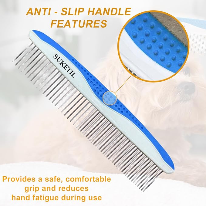 Dematting Comb for Dogs & Cats, Removes Tangles & Matted Fur, Stainless Steel Teeth, Non-Slip Handle, Pet Grooming Tool (Style 1- Blue)