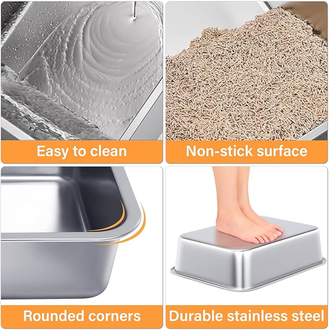Stainless Steel Litter Box for Cats, Metal Cat Litter Box Non-Stick and Easy to Clean, High Sided Litter Pan for Kitten, Rabbit, and Small Pets