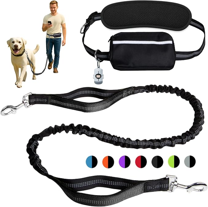 Hands-Free Dog Leash for Dogs up to 130 lbs – Heavy-Duty, Shock-Absorbing Bungee Leash with Zipper Pouch, Dual Padded Handles & Adjustable Waist Belt for Running & Walking –Classic Black