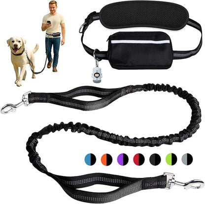 Hands-Free Dog Leash for Dogs up to 130 lbs – Heavy-Duty, Shock-Absorbing Bungee Leash with Zipper Pouch, Dual Padded Handles & Adjustable Waist Belt for Running & Walking –Classic Black