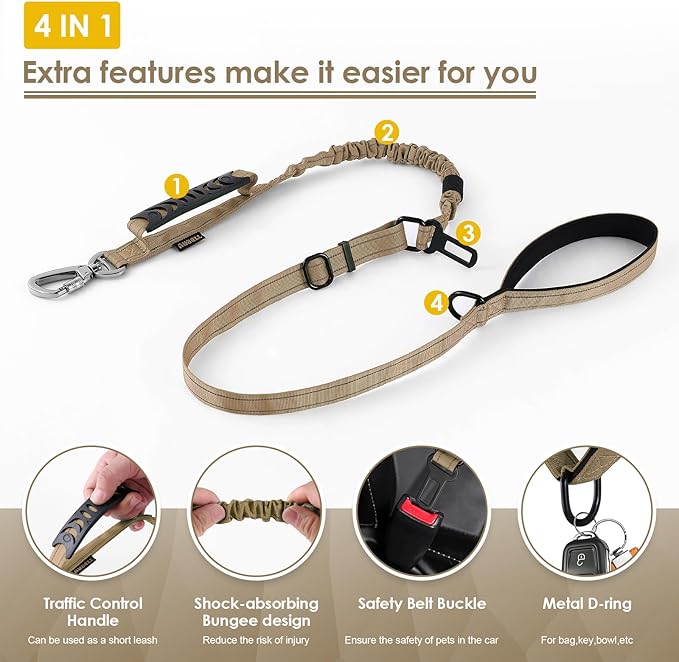 AUBELL Tactical Dog Leash Heavy Duty,4-6ft Reflective Strong No Pull Bungee Leash for Small Dogs with Comfortable Padded Double Handle,Car Seat Belt,360 Degree Rotating Carabiner,Brown