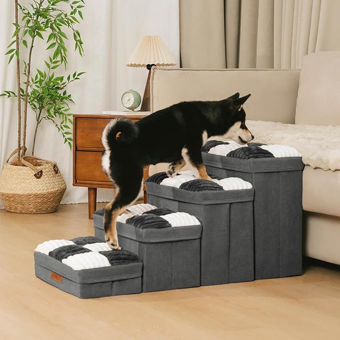 Dog Stairs with Storage, 4-Step Chessboard Plaid Handcrafted Dog Steps for Small Medium Dogs Cats, Folding Sturdy Pet Stairs Climbing Bed or Sofa, Grey