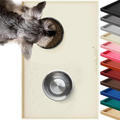 VIVAGLORY Dog Bowl Mat Grippymat Pet Food Mat, Waterproof Washable Nonslip Silicone for Pet & Cat, Food and Water Placemat with Lip & Raised Edges for Indoor Floor, L, Ivory