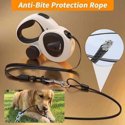 Retractable Dog Leash with USB Rechargeable LED Light, 16 ft Heavy Duty Dog Lead with Poop Bag Holder & Chew Proof Cable, Leash for Small Medium Large Dogs, White