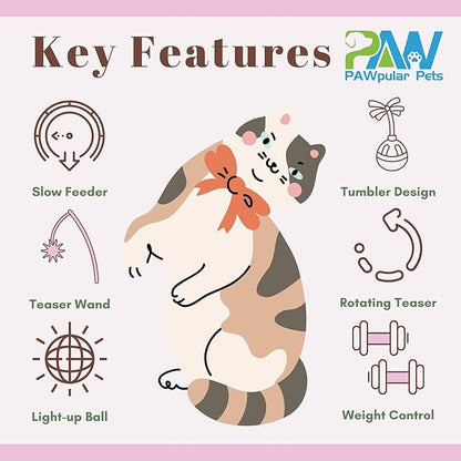 Interactive Cat Toy for Bored Indoor Cats, Tumbler Design with Teaser Wand, Cat Food Dispenser & Treat Puzzle Toy, Kitten Enrichment Toys for Mental Stimulation & Slower Eating (Pink)