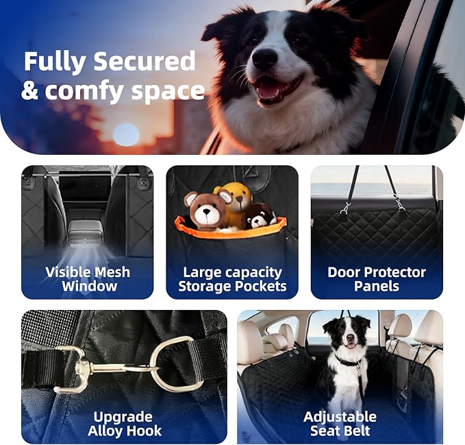 Dog Car Seat Cover for Back Seat, Waterproof Heavy Duty Wear-Resistant Dog Seat Cover, Non-Slip Dog Hammock & Bench Style with Alloy Clips for Cars SUVs Trucks, Medium & Large Dogs