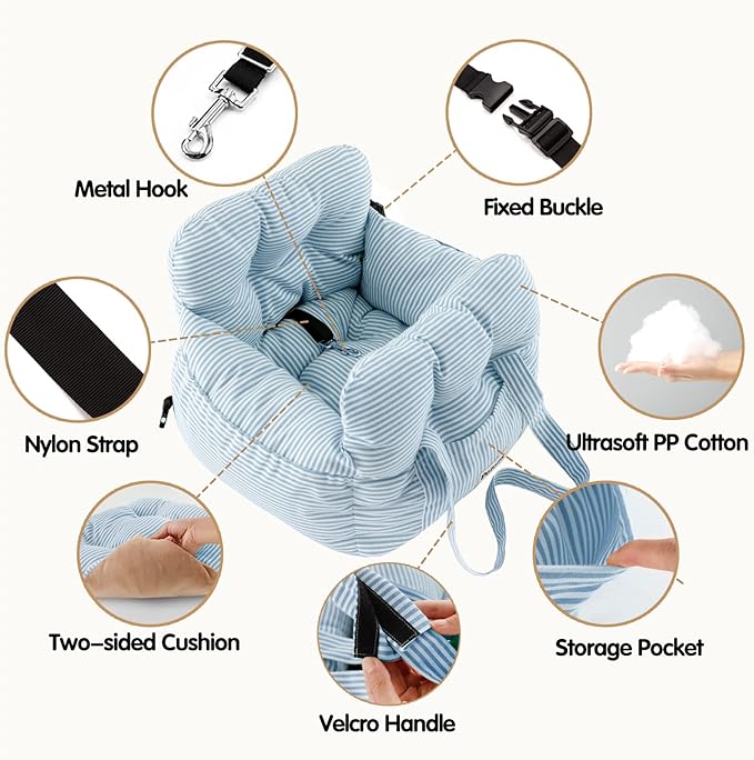 Dog Car Seat for Small Dogs, Portable Puppy Car Seat of Easy Installation, Fashionable Pet Carrier Bag with Large Pockets, Machine Washable Dog Booster Seat (Striped Blue)