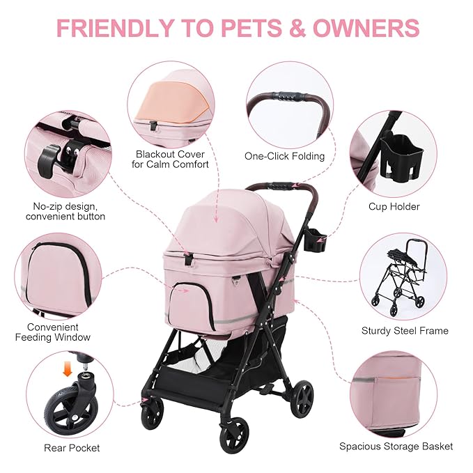 NO-Zip Pet Stroller for Small Dogs & Cats, Lightweight Dog Stroller with Reflective Safety Strips, One-Hand Fold, Claw-Proof Mesh, Breathable Travel Carriage, 33lbs Capacity, Pink