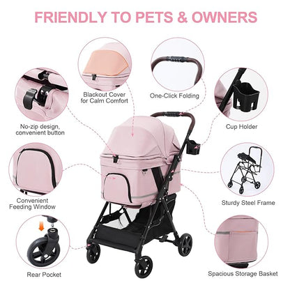 NO-Zip Pet Stroller for Small Dogs & Cats, Lightweight Dog Stroller with Reflective Safety Strips, One-Hand Fold, Claw-Proof Mesh, Breathable Travel Carriage, 33lbs Capacity, Pink