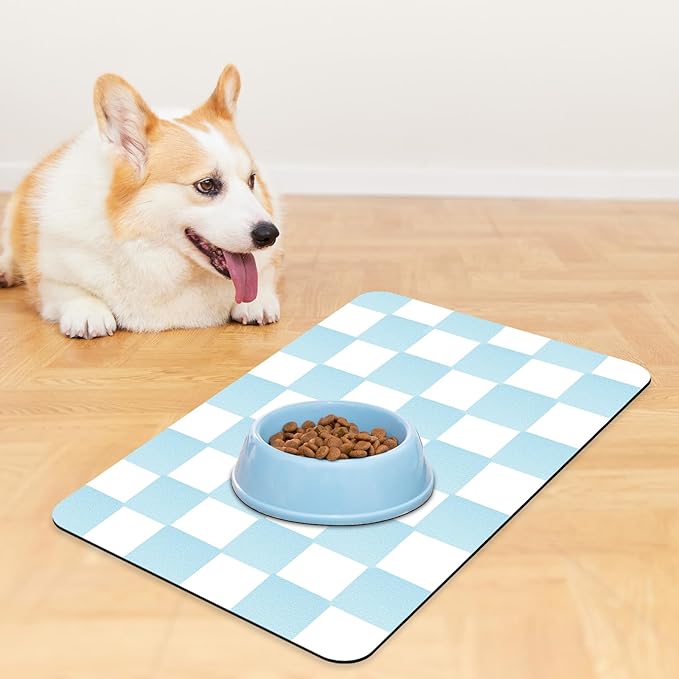 Checkered Dog Food mat, Non-Slip Sole Absorbent Dog and Water Bowl mat, Stain Free Quick Drying Checkerboard pet placemat, Suitable for cat、Puppy Accessories 12"x19"（Blue）