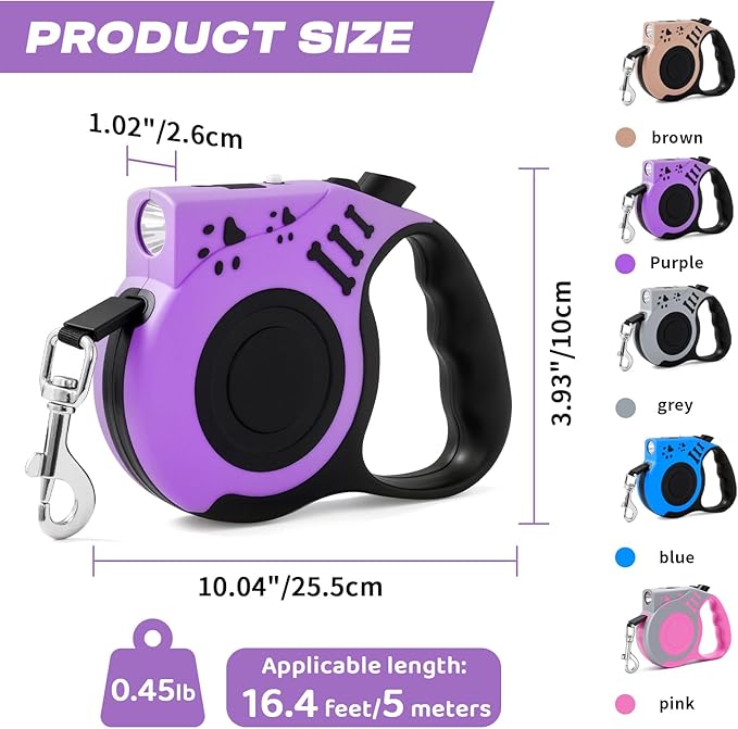 Retractable Dog Leash with USB Rechargeable Flashlight for Night Walks, 16FT Automatic Telescopic Tractor Dog Leash for Small and Medium Dogs, Purple