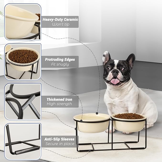 Ceramic Elevated Dog Bowl Set - Raised Food and Water Bowls with Metal Stand - Double Pet Dishes for Small and Medium Dogs - 2 Cups - 27 fl oz - Beige