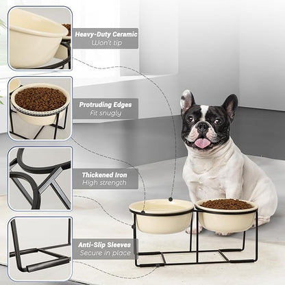 Ceramic Elevated Dog Bowl Set - Raised Food and Water Bowls with Metal Stand - Double Pet Dishes for Small and Medium Dogs - 2 Cups - 27 fl oz - Beige