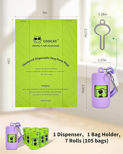 Dog Poop Bags with Dispenser & Holder, Guaranteed Leak Proof, Unscented Extra Thick Heavy Duty Tear-resistant 18-Micron Waste Bag Refill Rolls (Purple (105-Bags, 1-Dispenser))