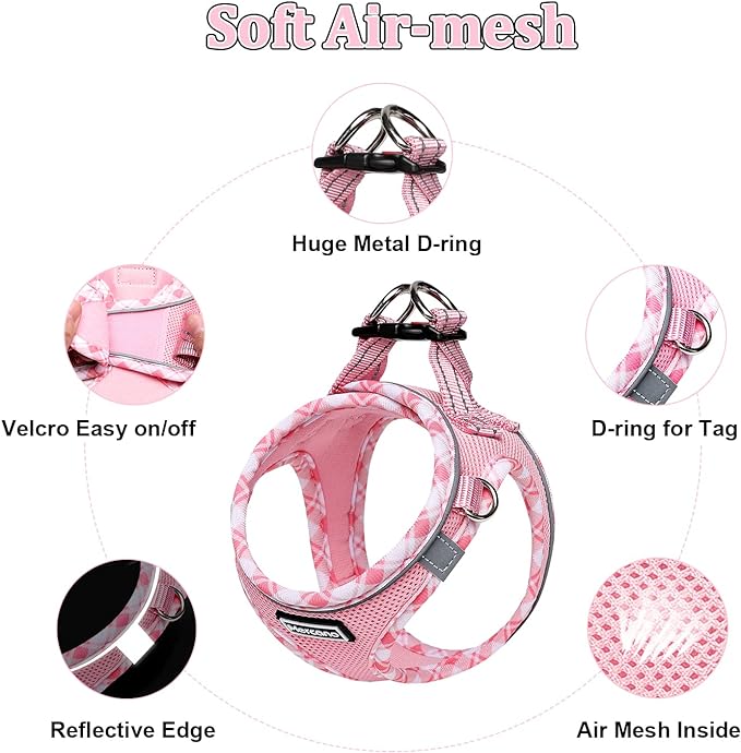 Mercano Soft Mesh Dog Harness and Leash Set, No-Chock Step-in Reflective Breathable Lightweight Easy Walk Vest Harnesses with Safety Buckle for Small Dogs, Cats (Pink, XS)