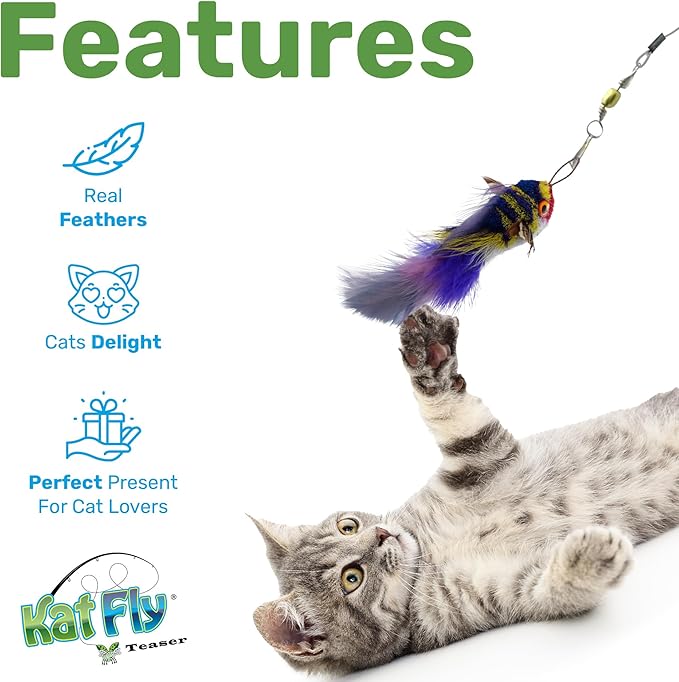 Katfly® Cat Wand Refill Teaser Toy - Fish (Blue) with Real Feathers - Interactive Cat Wand Toy Attachment