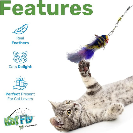 Katfly® Cat Wand Refill Teaser Toy - Fish (Blue) with Real Feathers - Interactive Cat Wand Toy Attachment