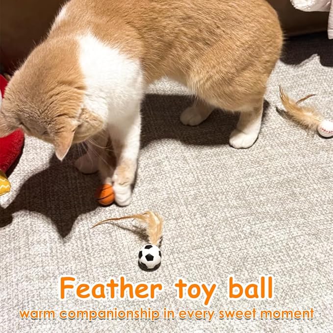 Cat Feather Bouncy Ball Toys, 3 PCS Cat Bulk Bouncy with Feathers, Elastic Bouncy Ball Cats Toys Set for Bored Indoor Adult Kitten Cats