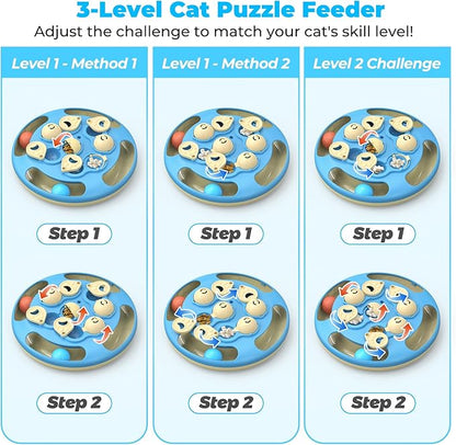 Cat Puzzle Toys Games Level 3 in 1 with Track Balls, Feather Teaser & Treat Feeder | Non-Slip Base | Mental Stimulation Enrichment for Indoor Cats | Kitty Gift, Blue