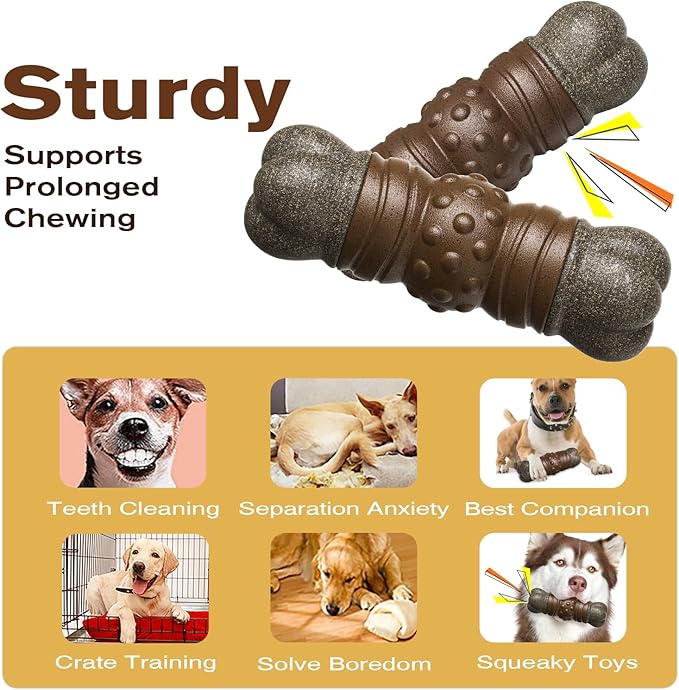 Indestructible Squeaky Dog Chew Toys for Aggressive Chewers, Food Grade Material, Tough Durable Dog Toys for Medium Large Breed (Brown)