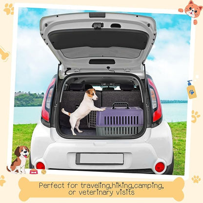 2 Set Travel Pet Carriers for Small Cat Dog Plastic Hard Shell Carrier Cat with Bowl Wire Door Grille Mat Portable Breathable Security Lock Puppy Kennel for Travel Airline, 17.5", up to 13lbs(Purple)