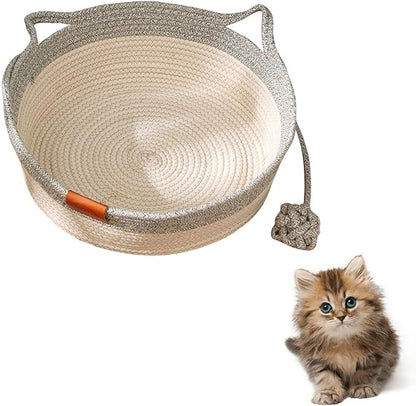 Handwoven Cat Basket with Toy Rope Ball, Foldable Scratchable Cat Hammock Bed, Breathable Cat Basket for Indoor Play Rest Sleeping (Grey)
