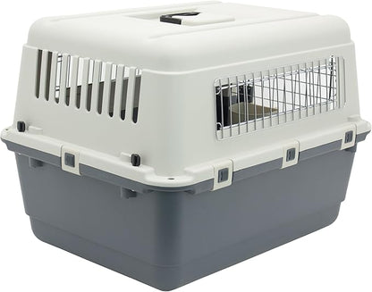 SportPet Airline Compliant MEDIUM 24.25" Travel Dog Kennel-Durable Plastic Airline Pet Carrier w/Removable Wheels & Food Bowls, Collapsible Indoor/Outdoor Dog Kennel, Dogs up to 23"L & 15"H-Cream/Gray