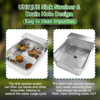 Automatic Dog Water Dispenser with Drain Hole & Sink Strainer, Stainless Steel Auto Dog Water Bowl with Float Valves, Hose Quick Connect Fitting, for Livestock, Chicken, Horse (4 Gallons)