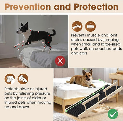 Dog Ramp for Bed - Foldable Small to Large Dog Ramp for Couch - 6 Adjustable Height from 12" to 24" - High Traction Mat & Safety Side Rails - Wooden Ramp for Dogs to Get on Bed Couch Car Up to 200LBS