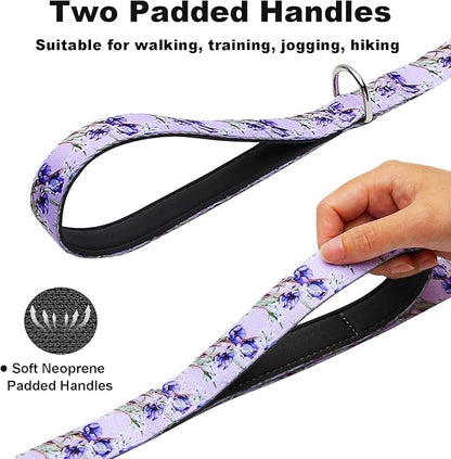 Double Handle Dog Leash 6ft with 2 Padded Handles, Cute Purple Dog Leash with Soft Dual Handle, Walking Training Lead for Medium and Large Dogs, Lavender Lily
